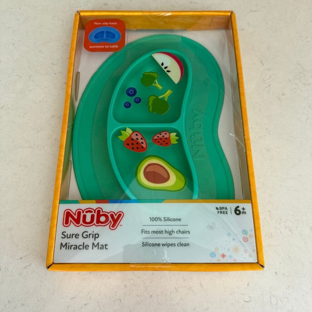 Nuby Sure Grip Silicone Miracle Mat 2-Section Oval Plate, Aqua Blue